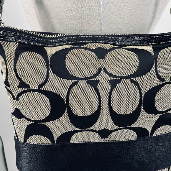 Vintage Y2k Coach Signature Stripe Logo Shoulder Bag Zip Top Canvas Black Gray - Picture 4 of 16
